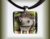 Little hedgehog -  square GLASS TILE PENDANT - wearable art necklace featuring print of painting by Tanya Bond