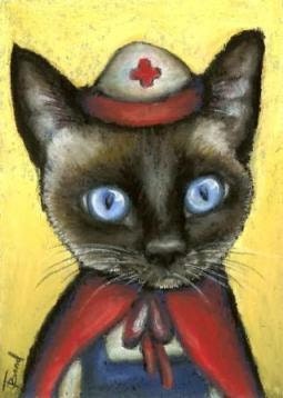 Portrait of a nurse cat exhausted after a night shift at a busy hospital - 7x10 print of an original drawing by Tanya Bond