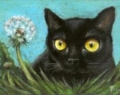 To blow or not to blow - gorgeous black cat and a dandelion - 7x10 print of an original painting by Tanya Bond