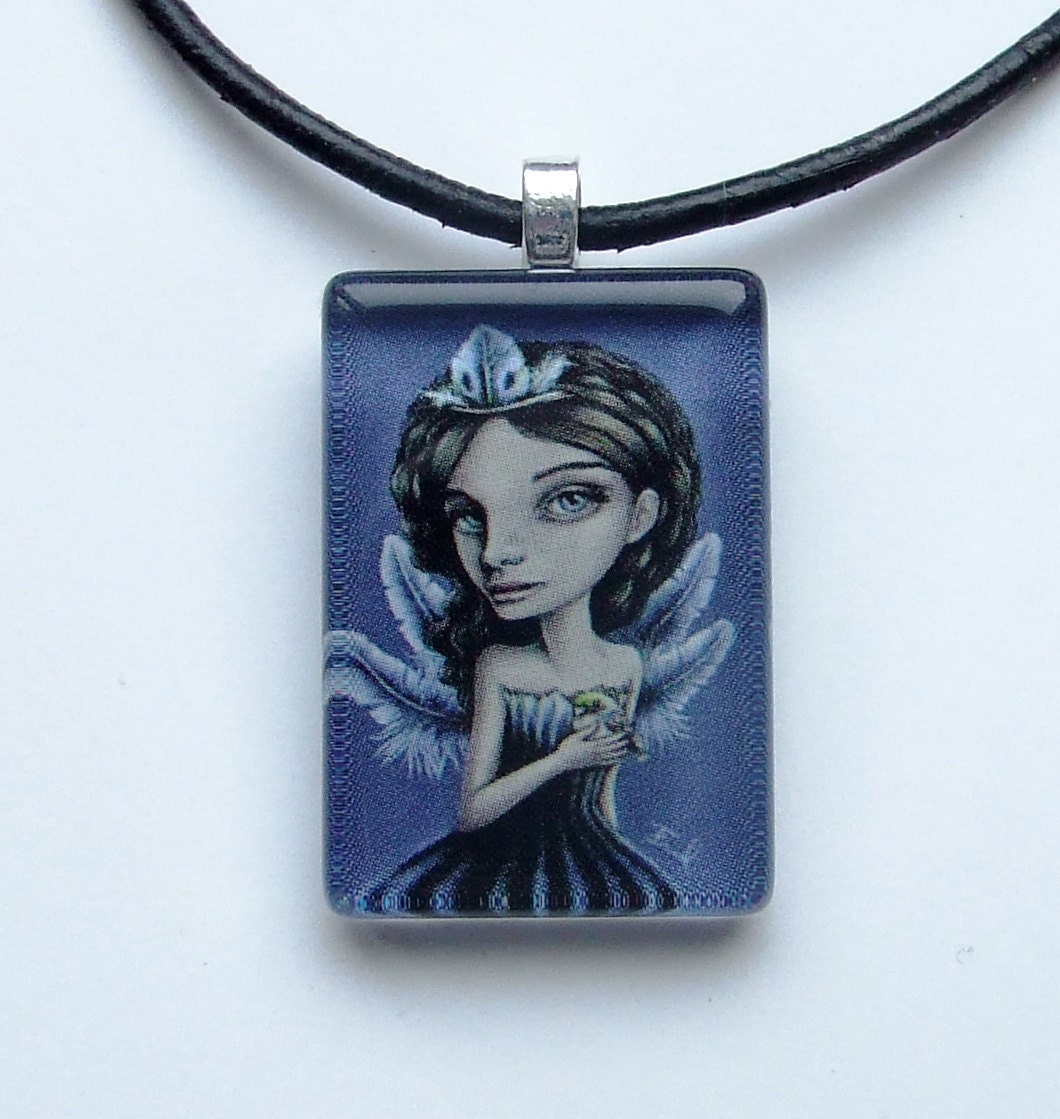 Bird of Luck- glass tile pendant - wearable art necklace featuring print of a fairy drawing by Tanya Bond