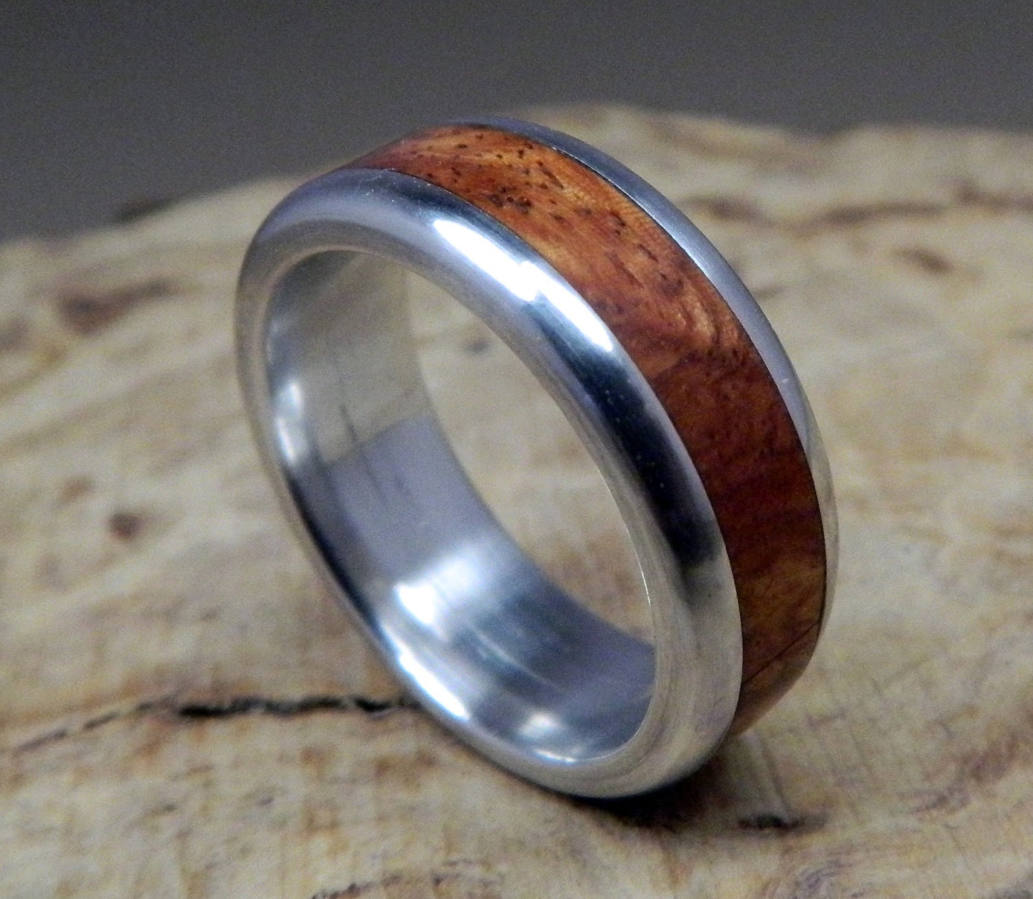Wood Ring- Aluminum and Amboyna Burl Inlay Ring