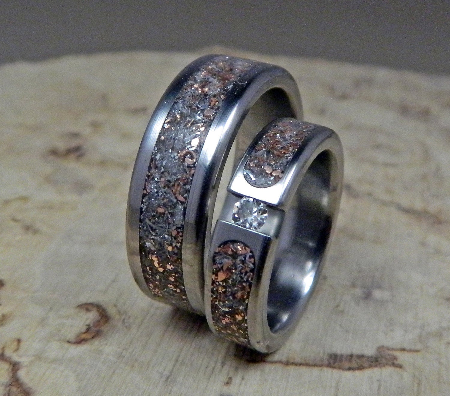 Titanium Wedding Band Set- Tension Set Junk and Moissanite Set