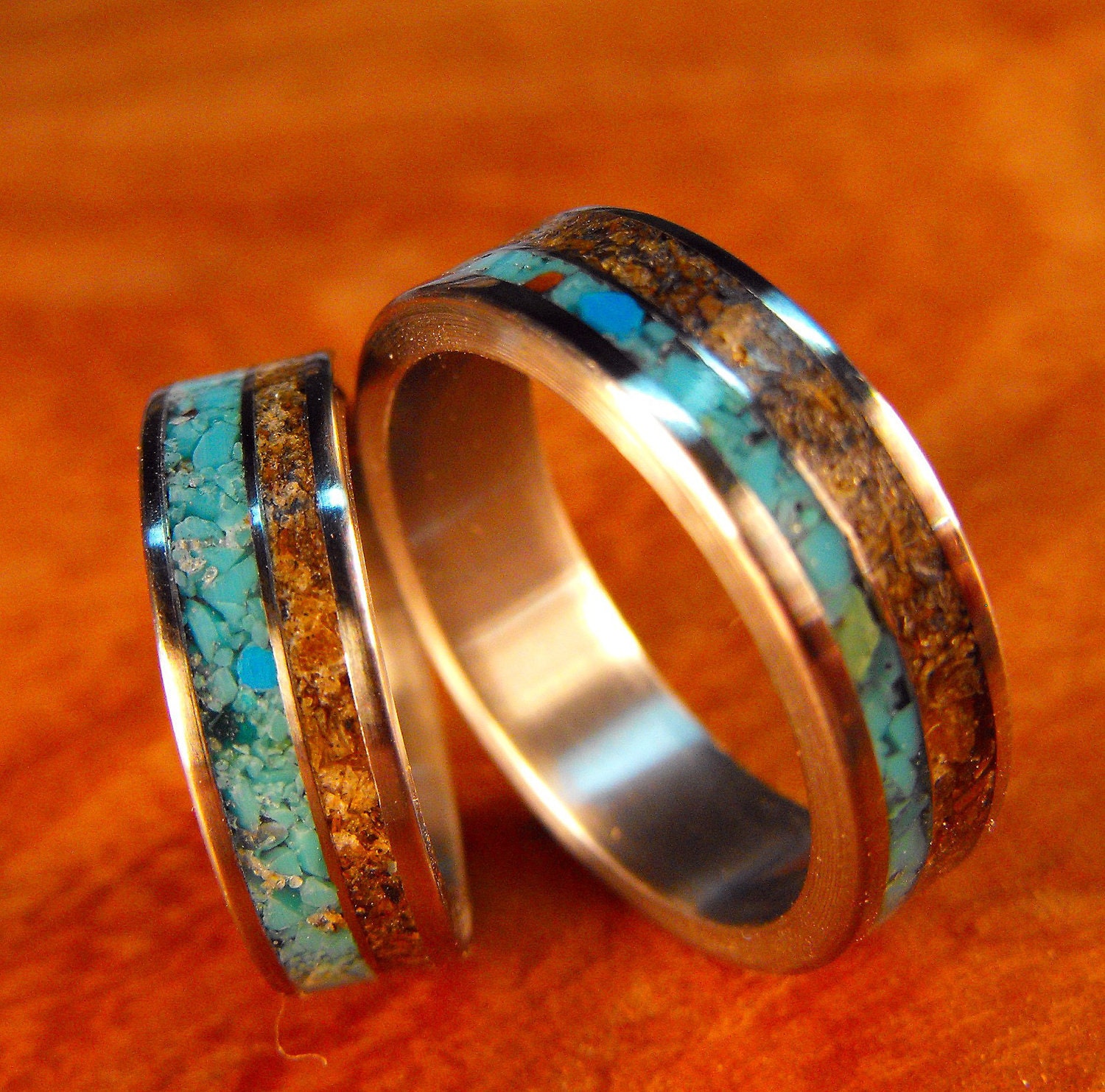 Titanium Wedding Band Set- Turquoise and Tigerseye Stone Inlays