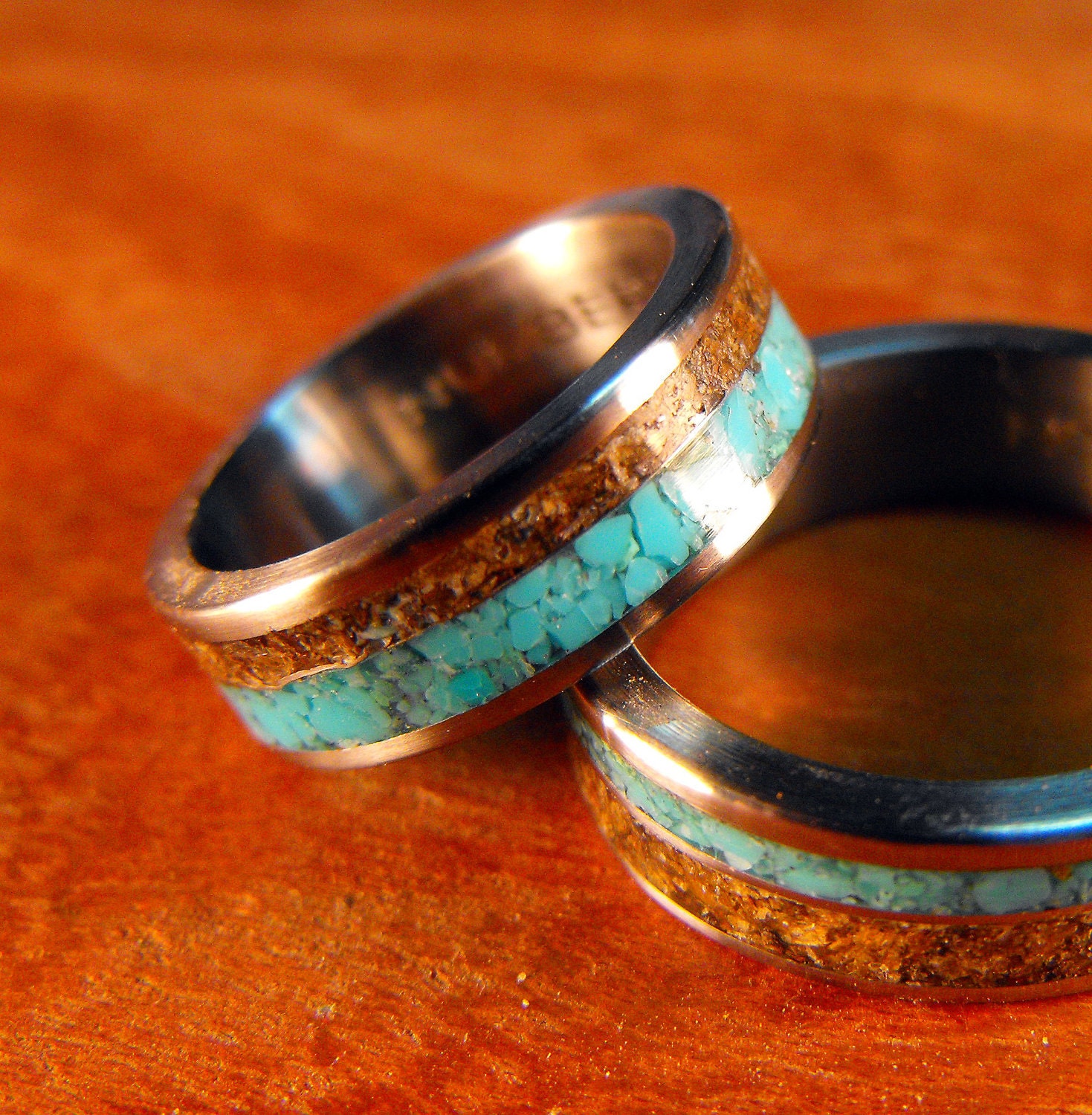 Titanium Wedding Band Set- Turquoise and Tigerseye Stone Inlays