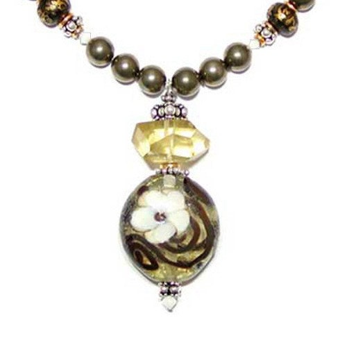 Flower Lampwork Necklace with Citrine, Pyrite, Brass and Silver