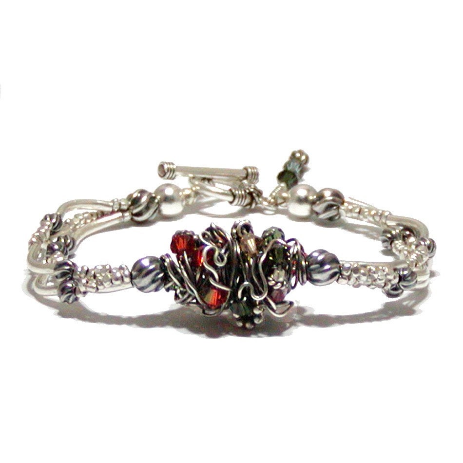 Silver Wire Wrapped Bracelet - Wire Wrapped Jewelry, Swarovski Crystals - "Eye of the Storm"