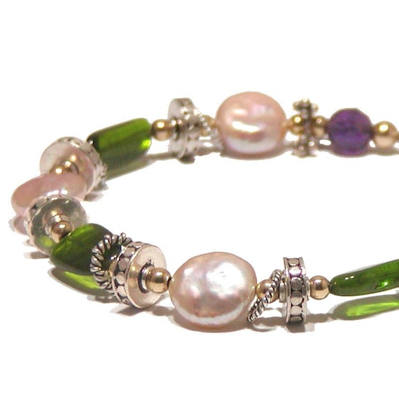 Chrome Diopside Bracelet with Coin Pearls, Amethyst and Silver