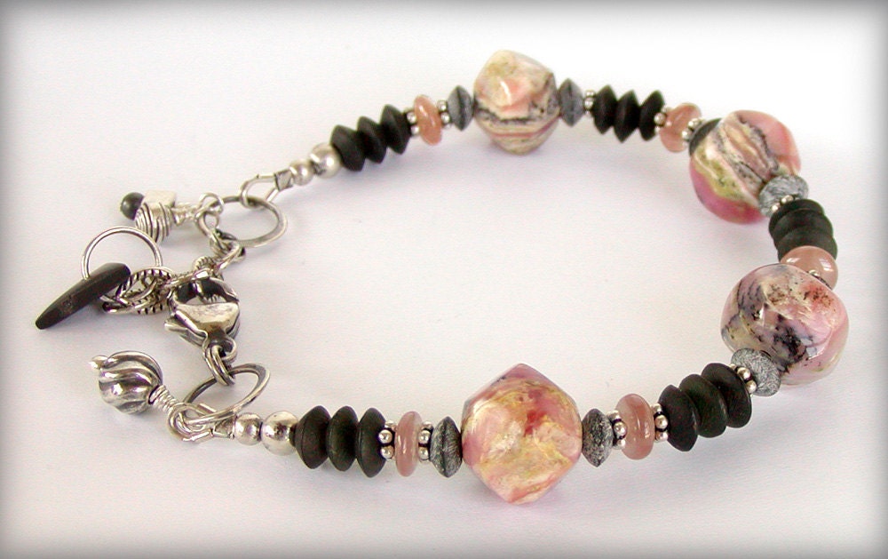 Rhodochrosite Bracelet, Adjustable Length, Pink and Black