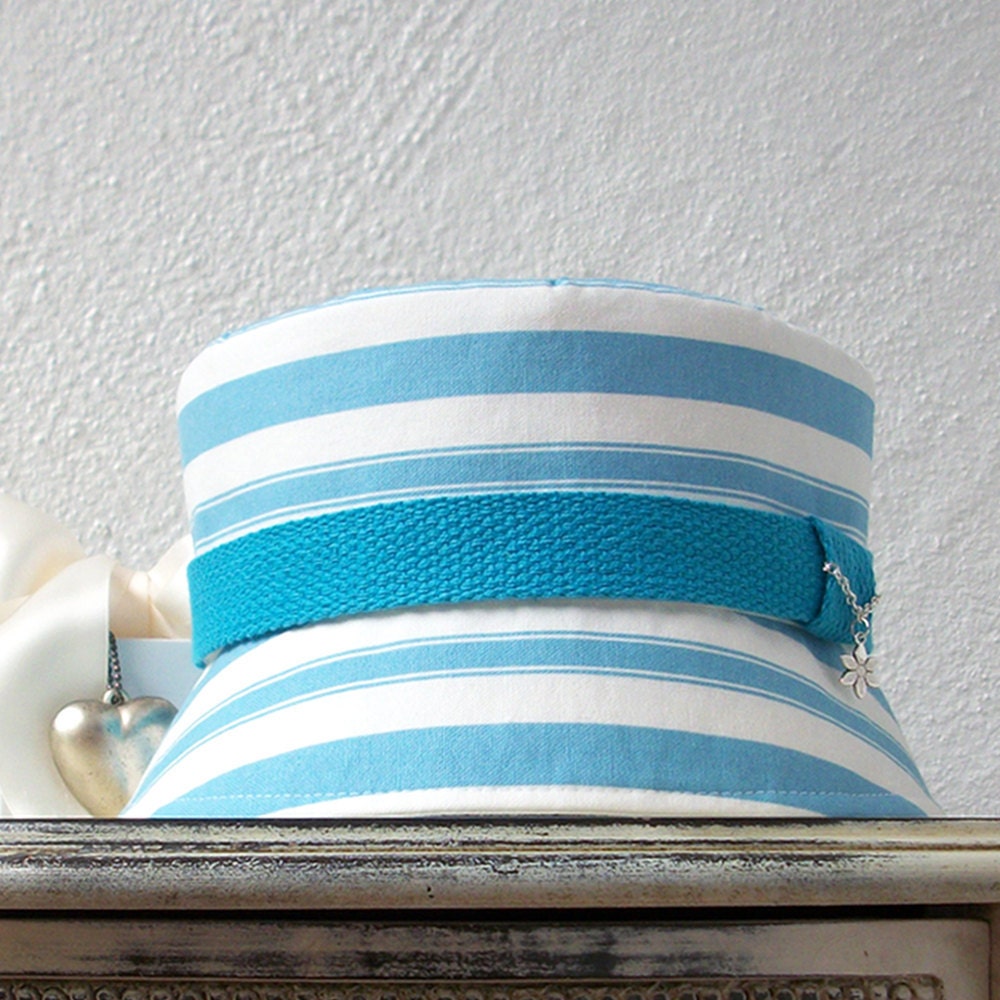 Womens Cloche Hat, Womens Hat, Blue and White Striped Cotton - Beach Bound