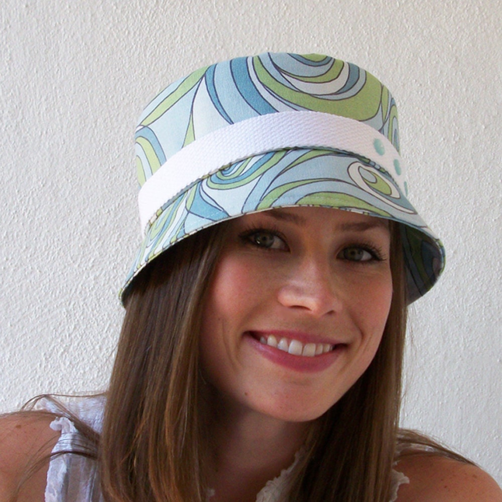 Cloche Hat Womens Hats -  Blue/Green/White Cotton - Swirl