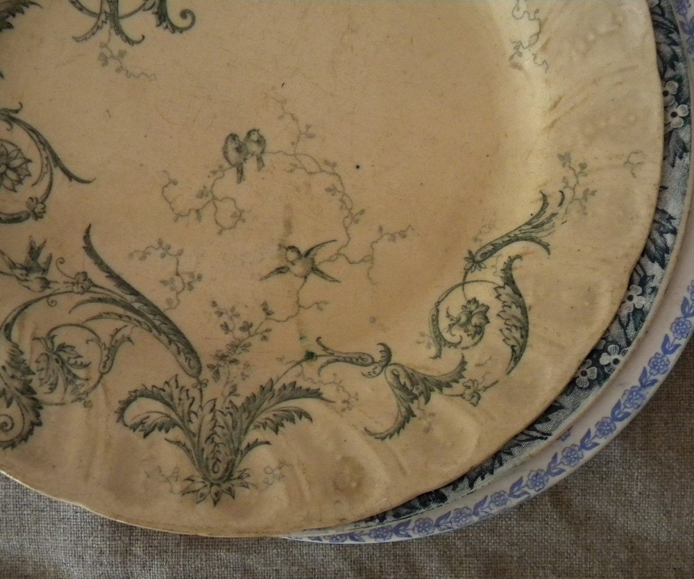 French vintage plates, blue and white, with birds and flowers