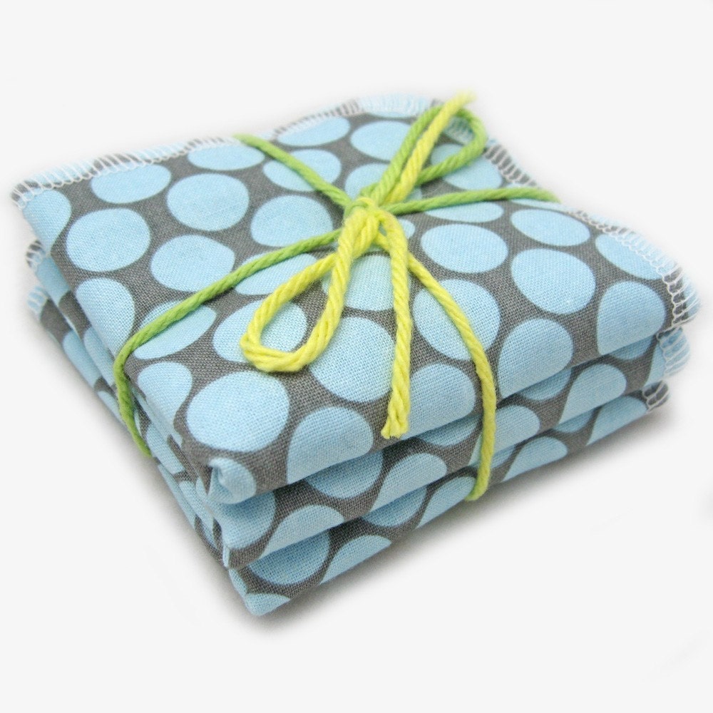 Baby Soft Cotton Terry Cloth Washcloths Full Moon Polka Dot Blue Grey