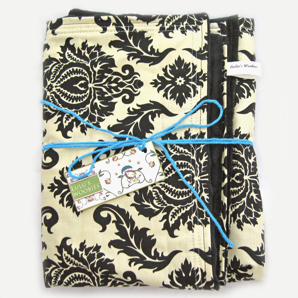 Black and French Vanilla Damask Baby Woobie Blanket Black Minky Dot Chenille
