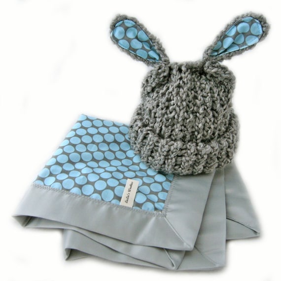 Baby Gift Set Grey Lamb Hat and Blue Full Moon Polka Dot Woobie Blanket