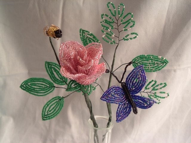 French Beaded Bouquet Rose,Bee,Butterfly