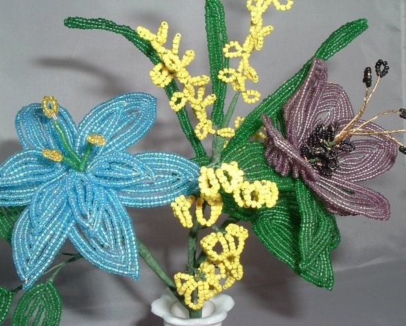 French Beaded Flower Sampler Blue ,Purple and Yellow