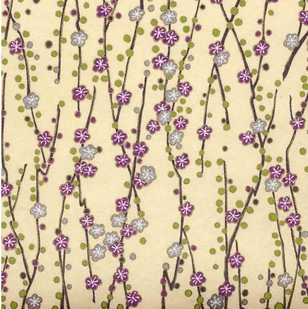 Chiyogami or yuzen paper - silver and purple plum blossoms, 9x12 inches