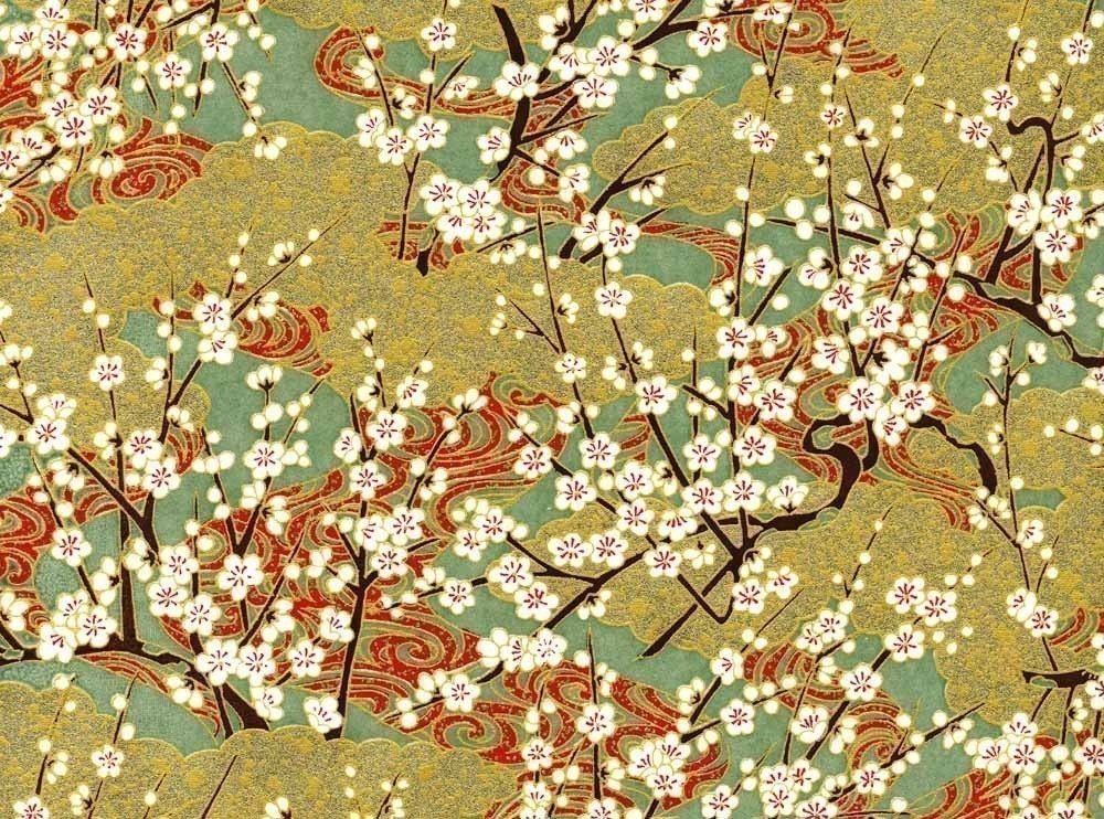 Chiyogami or yuzen paper - gold and green springtime blossoms, 9x12 inches
