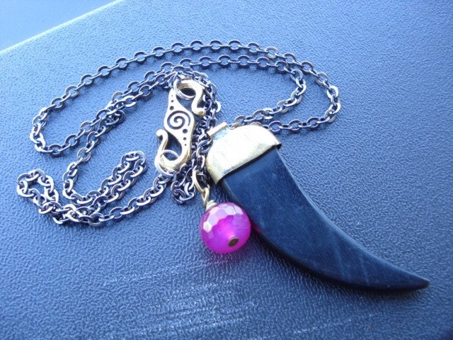Tusk Pendant with Pink Agate Charm on a Gunmetal Chain Necklace