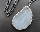 Cloudy Gray Agate Slice Pendant Iron Chain Choker REDUCED