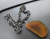 Caramel Brown Agate Slice Pendant Iron Chain Necklace