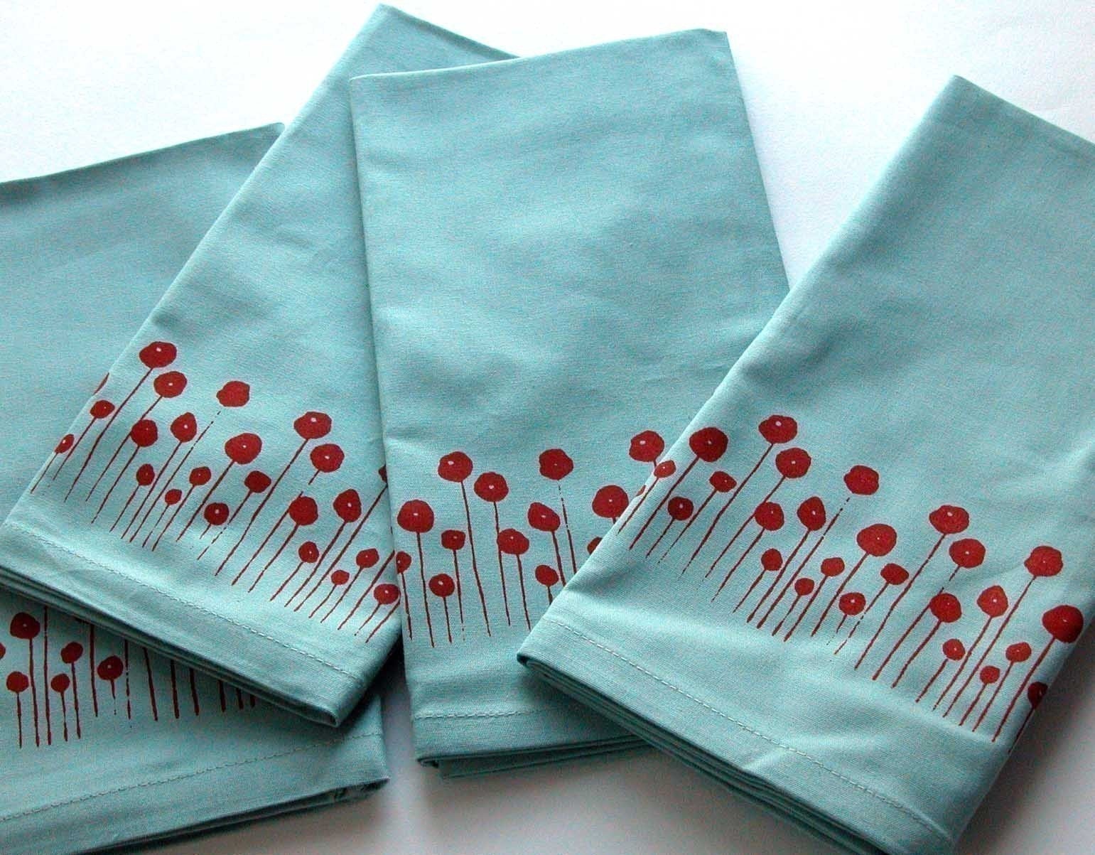 Dusty Aqua Cloth Napkins with Screen-printed Red Poppies print-set of 4