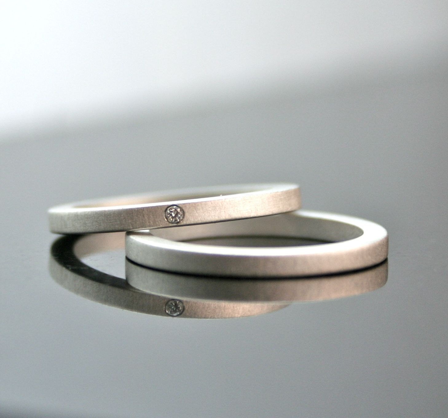 One Tiny Diamond Ring Set - Diamond Engagement Ring - Simple Wedding Bands - Sterling Silver - Matte Finish