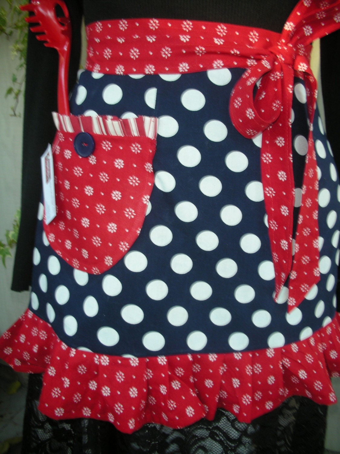 Womens Aprons - Navy Dotted Half Aprons - I Love Lucy Aprons