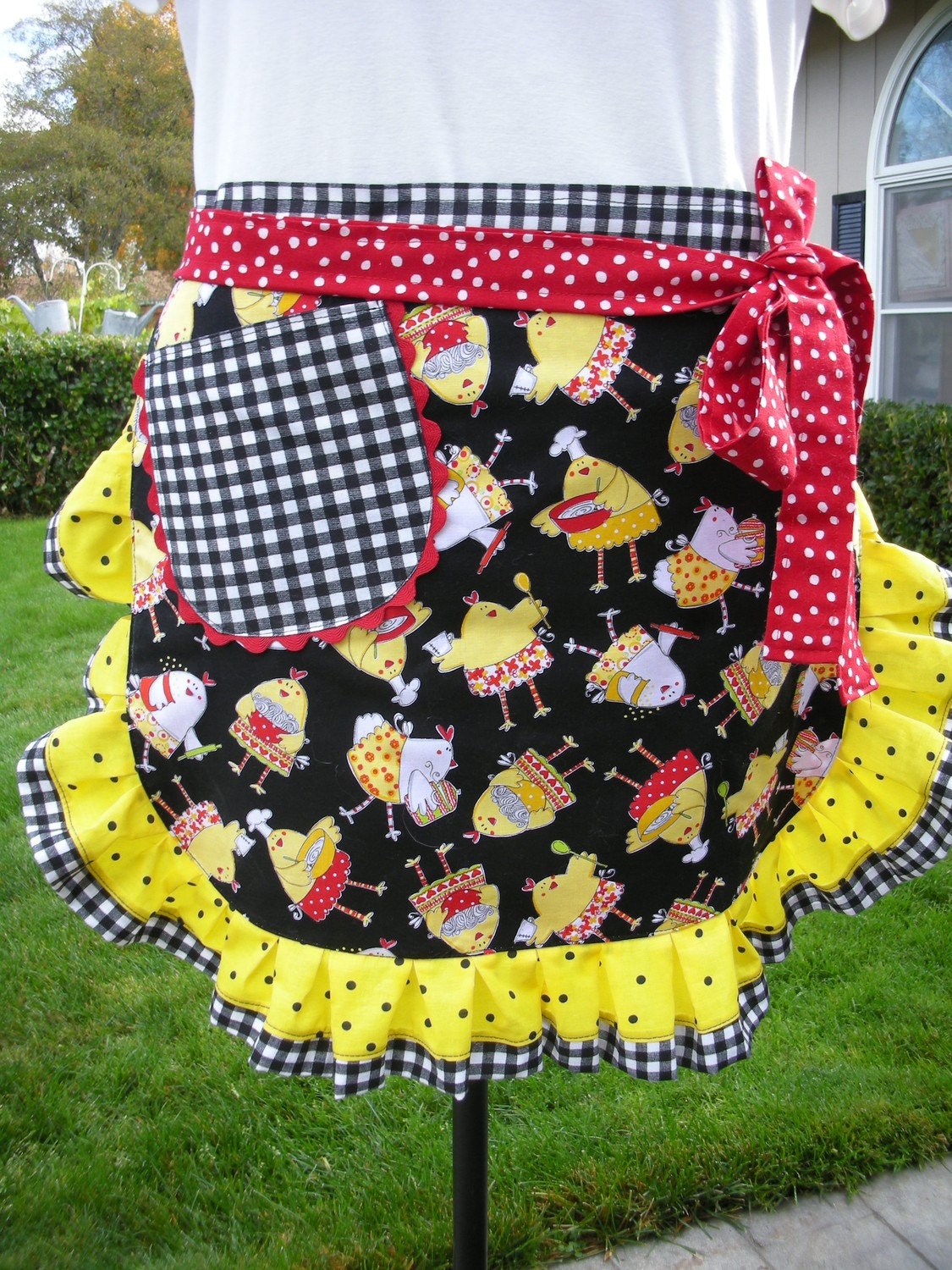 Aprons - Womens Chicken Half Aprons - Chicken Fabric Aprons - Yellow Dots Apron - Annies Attic Apron