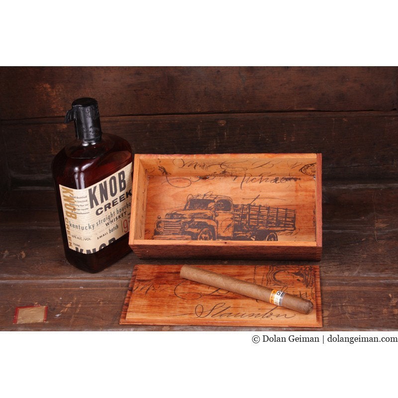 Summer Picnic, Gift for Him: Whiskey Box Wine Carrier Customized Liquor Container Screenprinted Reclaimed Wood