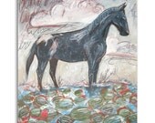 Folk Art Painting, The Wild Horse in the Watermelon Patch, Original Acrylic Painting on Wood, In Stock Ready to Ship