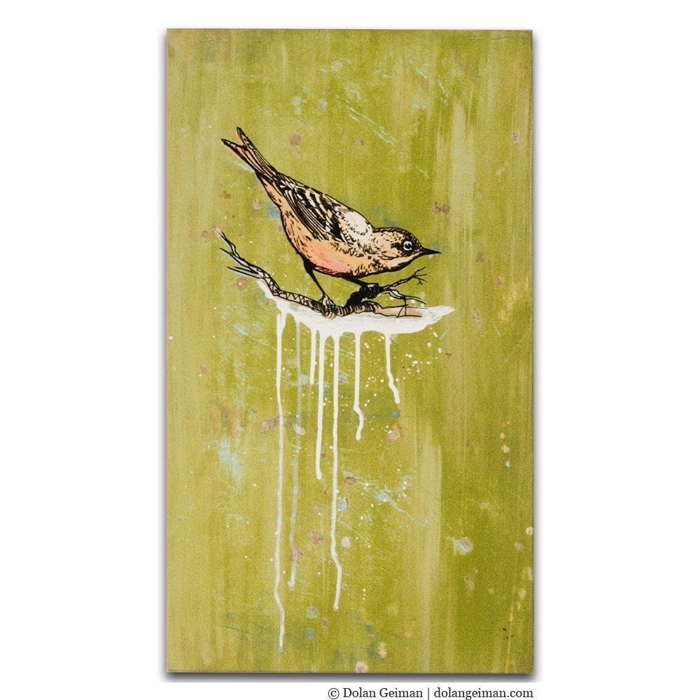 Bright Green Bird Art, Print on Wood, Tye River Road BOX PRINT reproduction