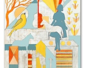 Mid Century Modern Art Print on Wood, Country Morning Missus DG MINI, Drawing & Illustration