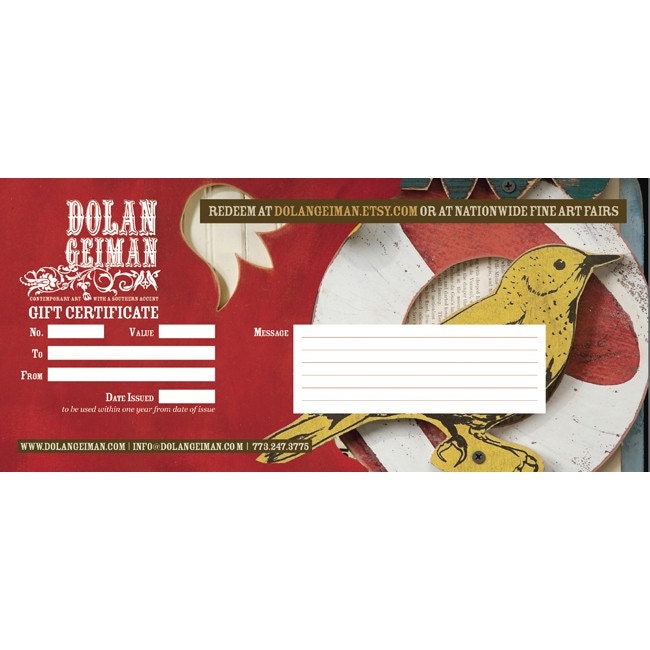 Mailed: 25 Dollar Gift Certificate Gift Card - A Physical Gift Certificate for Dolan Geiman
