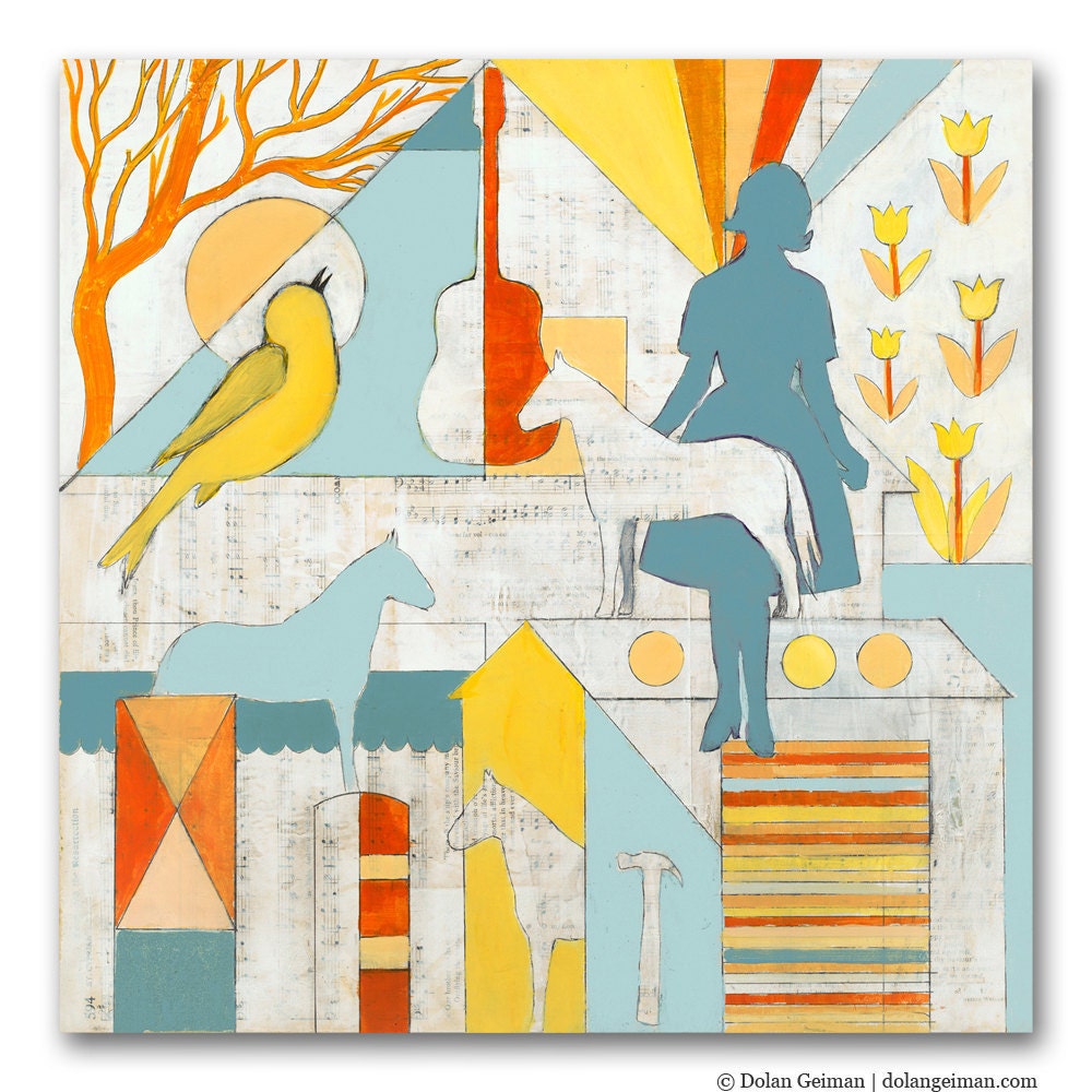 Mid Century Modern Art Print on Wood, Country Morning Missus DG MINI, Drawing & Illustration