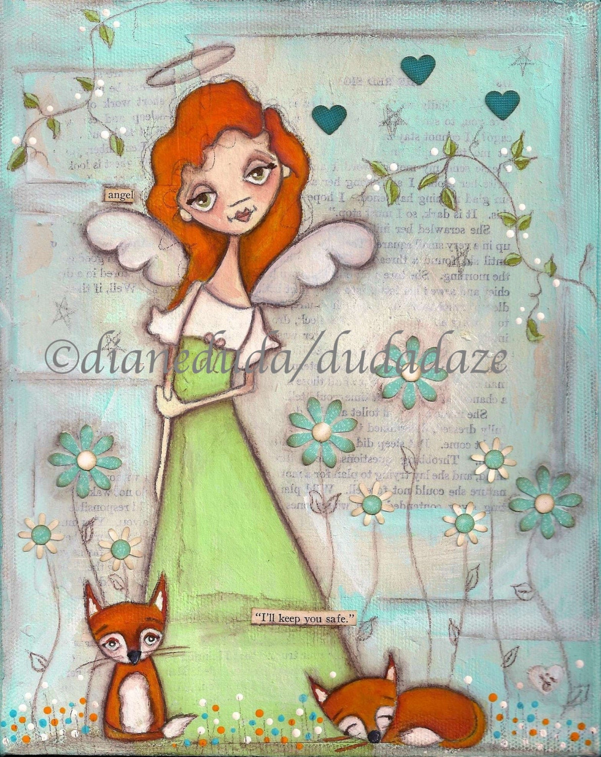Print of my original mixed media painting - I'll Keep You Safe - angel and foxes