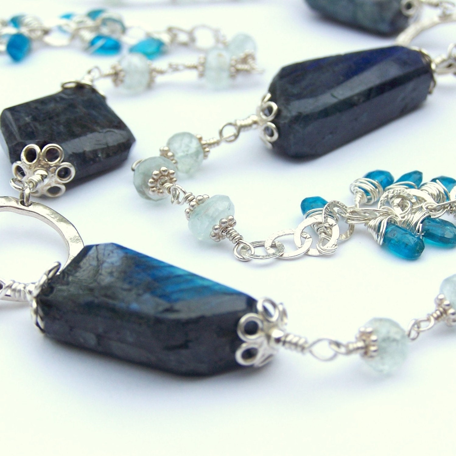 Blue Gemstone Necklace, Aquamarine, Blue Labradorite, Apatite, Sterling Silver, Long
