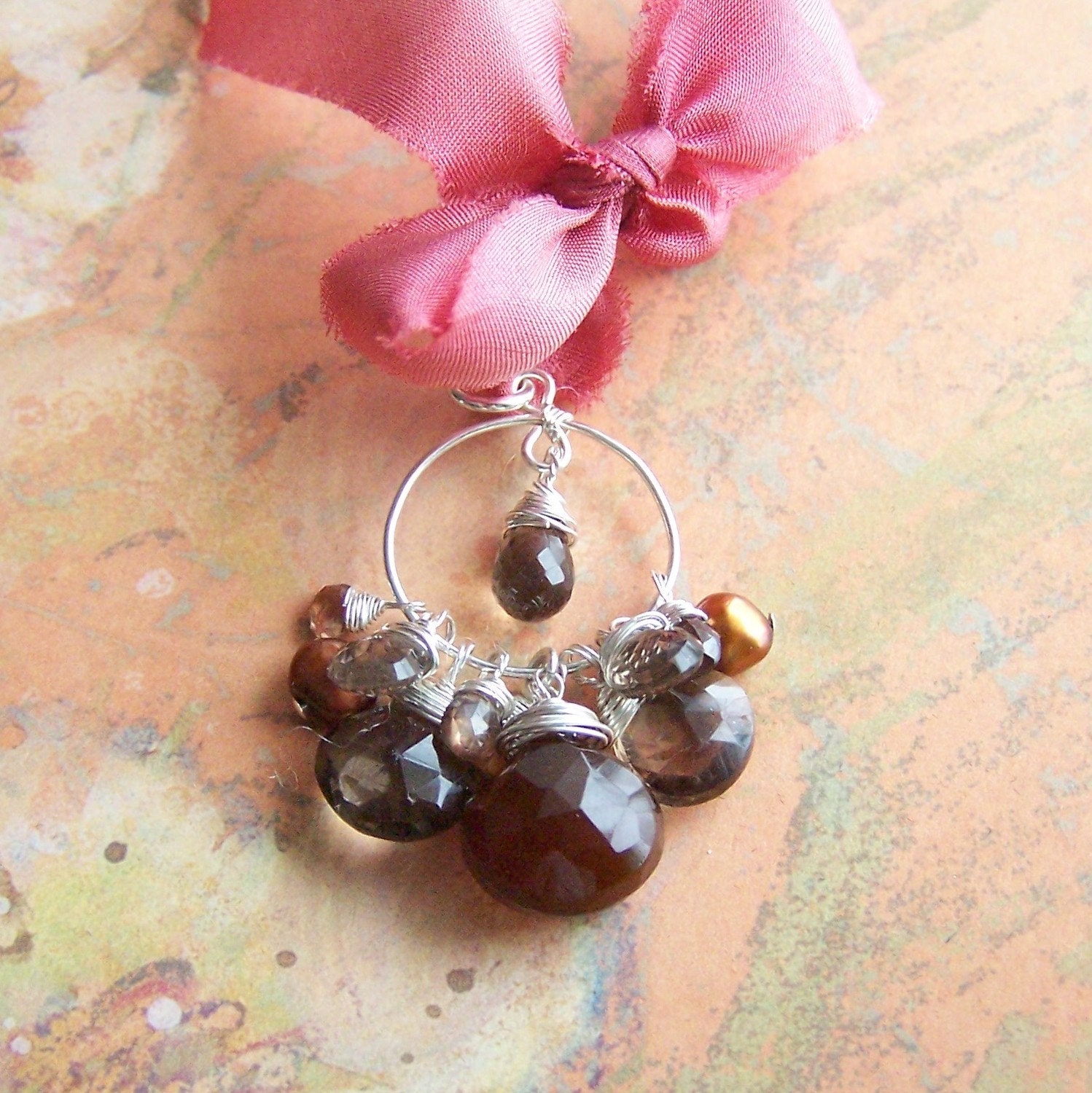 Brown Gemstone Pendant, Smoky Quartz, Sapphire, Pearl, Sterling Silver, Cluster