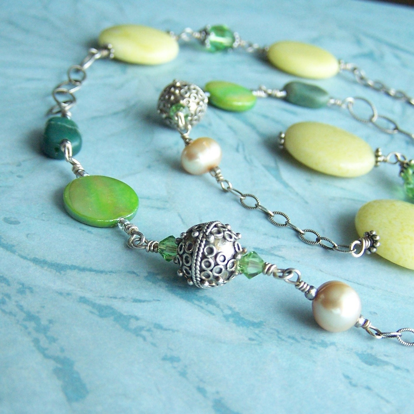 Gemstone Lariat, Green Jade, Pearl, Sterling Silver