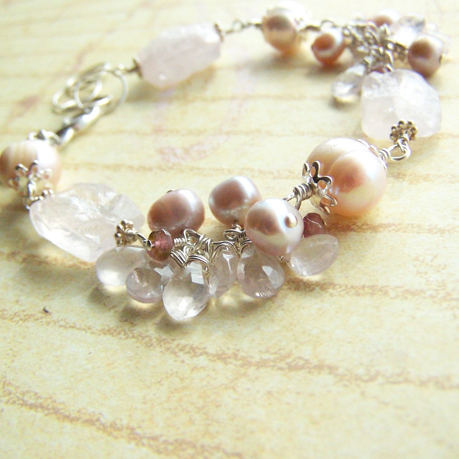 Pink Gemstone Bracelet, Sterling Silver, Rose Quartz, Pearl, Pro Life