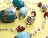 Sterling Silver Necklace, Amazonite, Garnet, Teal, Long
