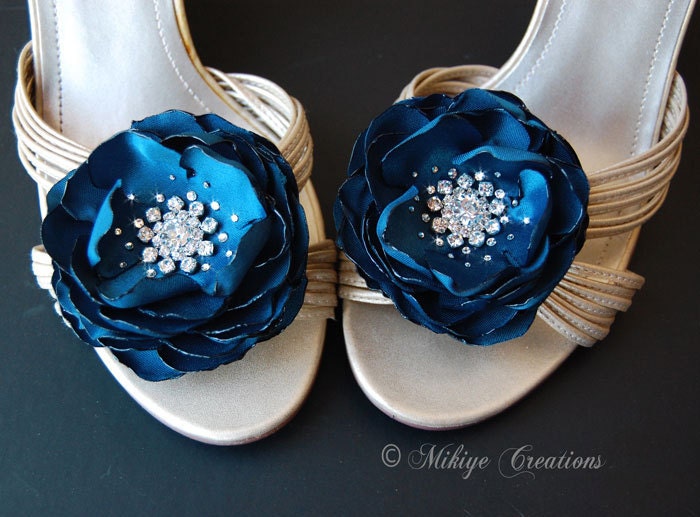 Wedding Bridal Bridesmaid Hair Flower,  Shoe Clips, Teal Sash Accessory,  2 Piece Set Peacock Teal Petals