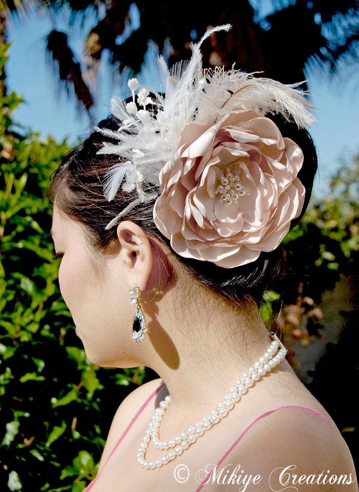 Wedding Headpiece, Bridal Hair Flower, Wedding Accessories, Bridal Sash - Bridal Hair Feather Flower Head Piece - Blush Champagne Dreams