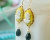 Yellow Cameo Dangle Earrings