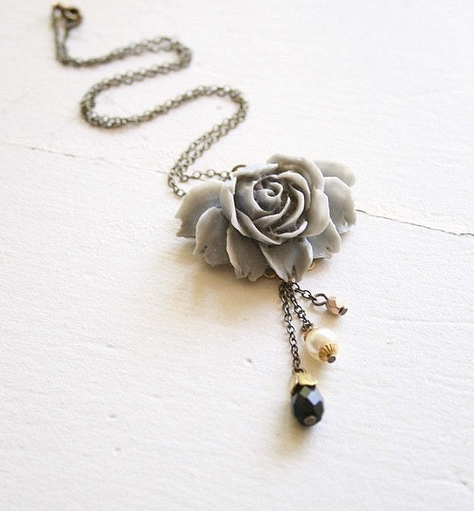 Cascading Grey Rose Pendant Necklace
