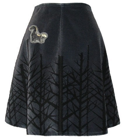 winter woods skirt - charcoal gray - bare trees hand screen printed velveteen with skunk brooch