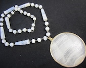 Vintage White Quartz  Large  Etched Focal Stone Pendant  Necklace
