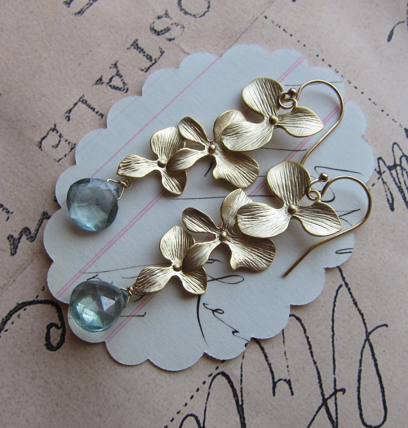 carlie earrings - golden orchids aqua gemstone