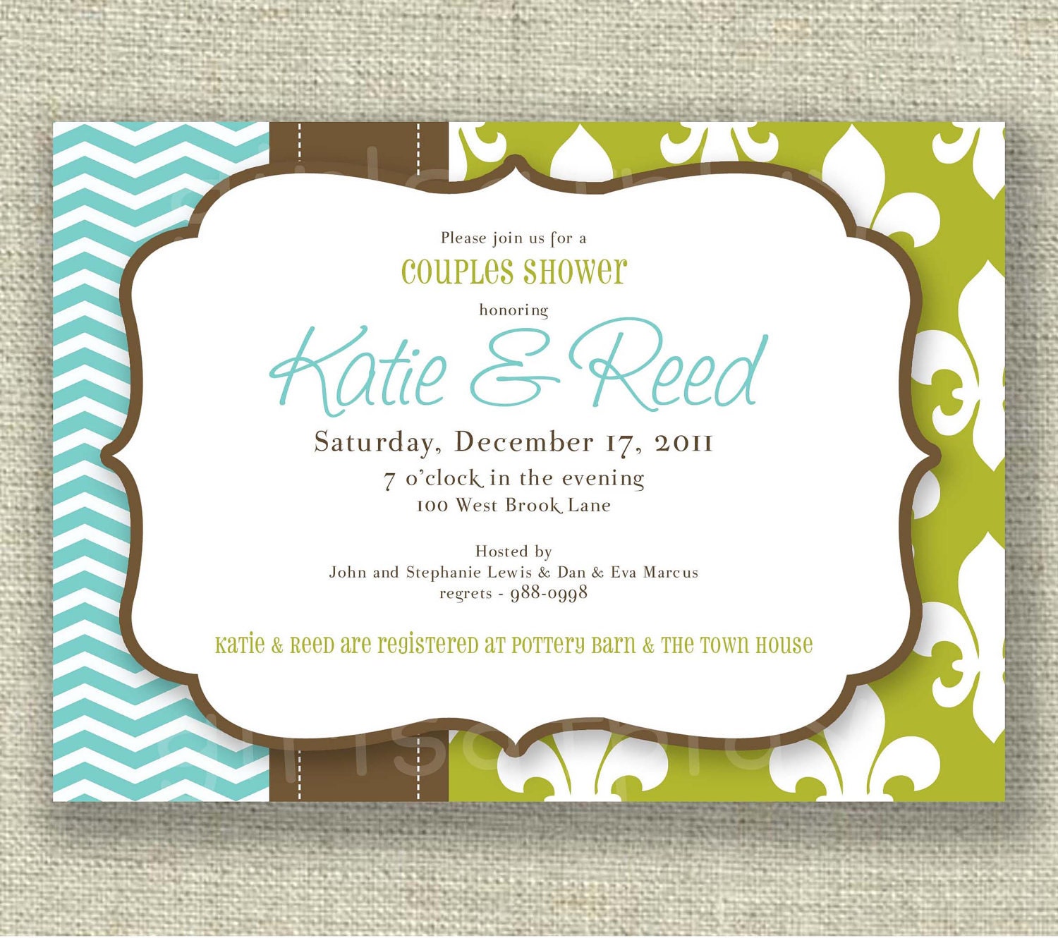 Modern Bridal Couples Shower Invitation Fleur de Lis Chevron Tiffany Blue Lemongrass Green Printable by girlsatplay Il_170x135