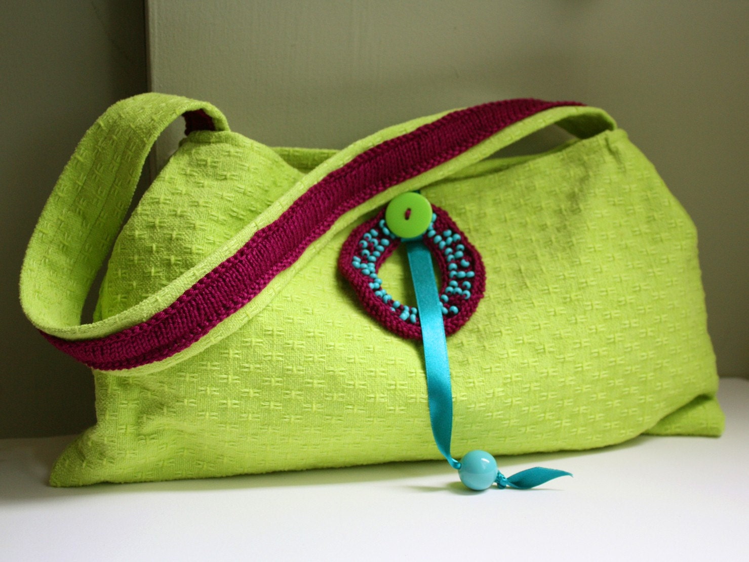 Lime green purse cotton purple knitted bag teal ribbon blue beads colour block handbag fashion memake handmade handbag